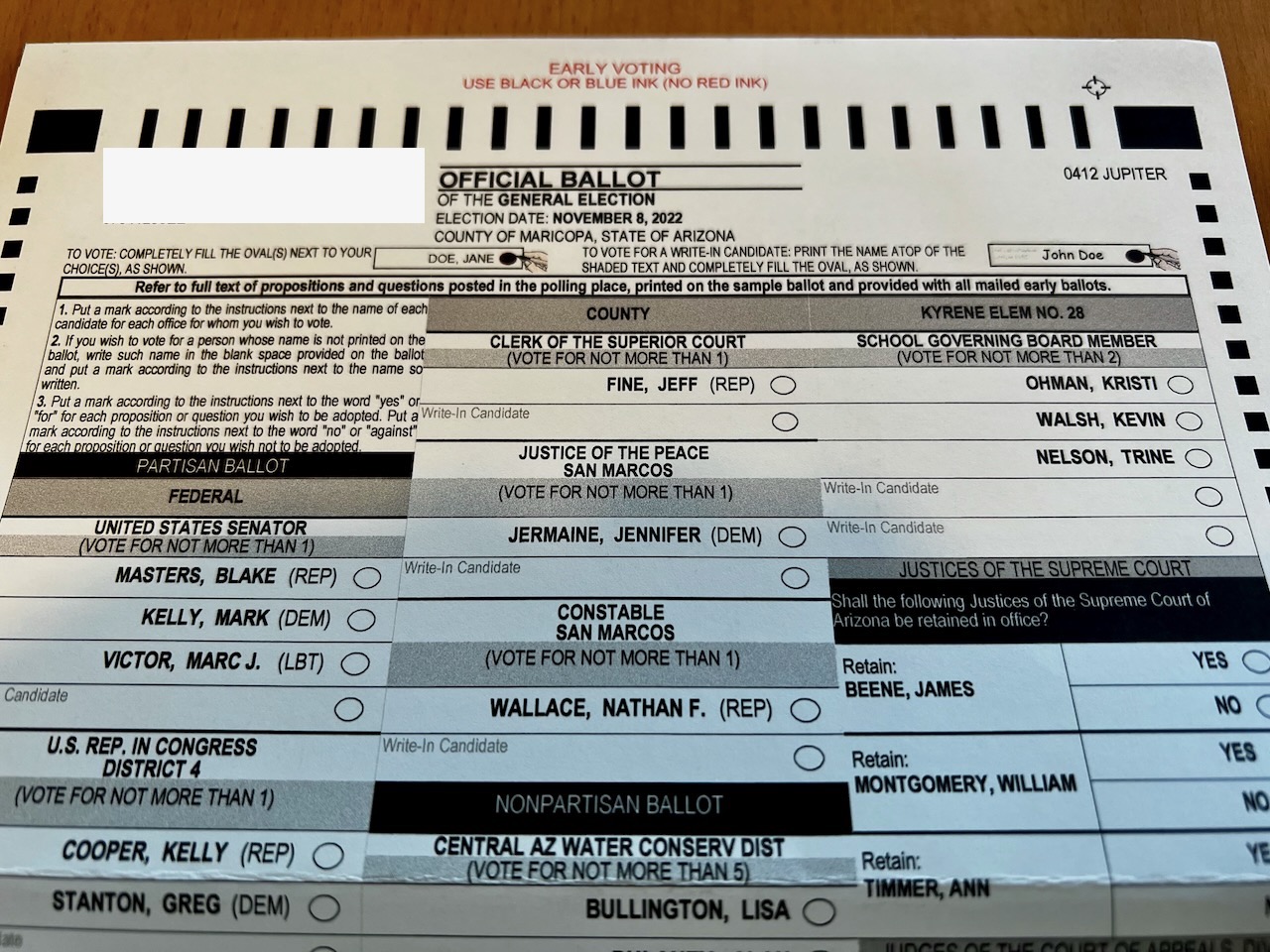 Detalj av röstsedel från Arizona